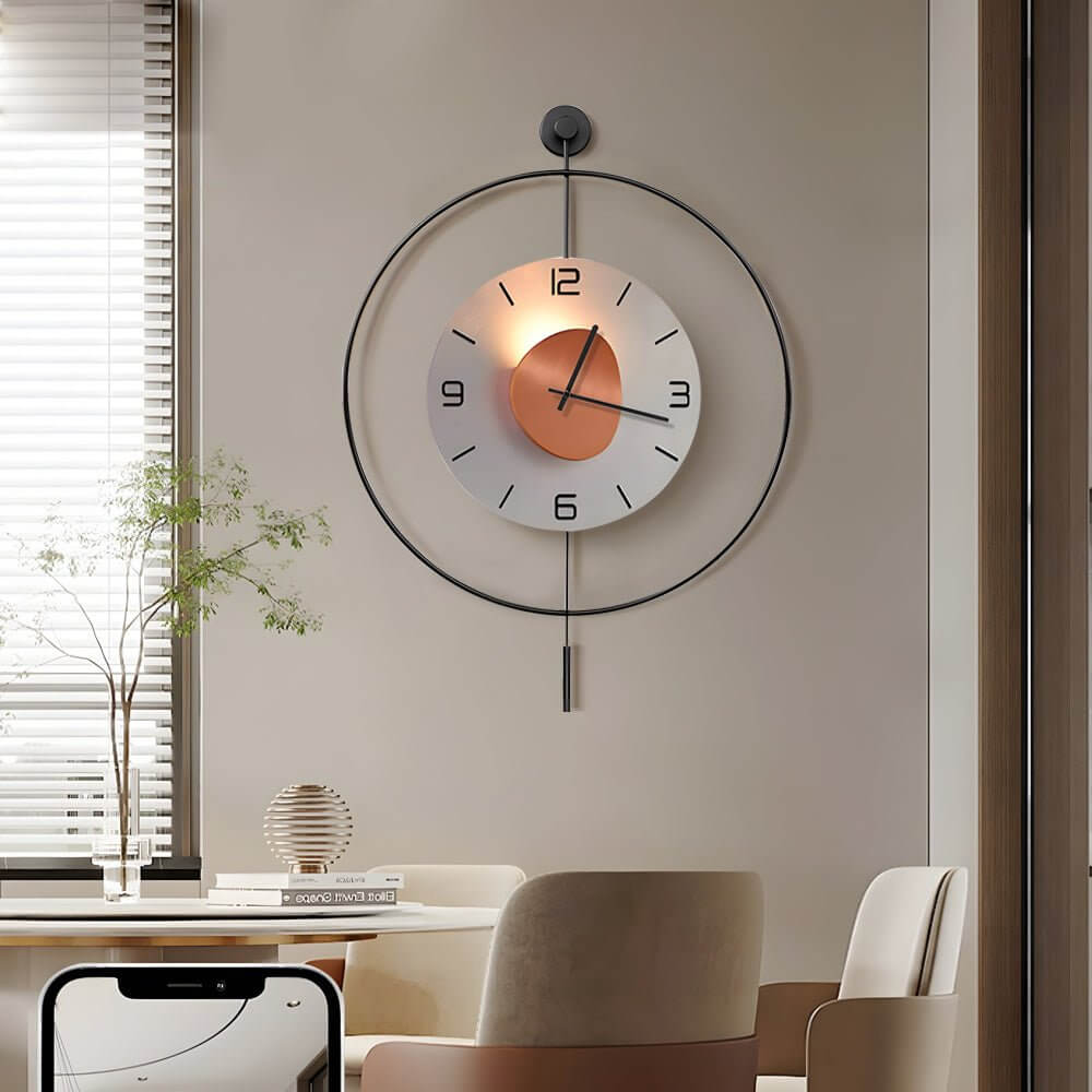 Alure LED wall clock with floating metal dial above wooden dining furniture in a modern interior