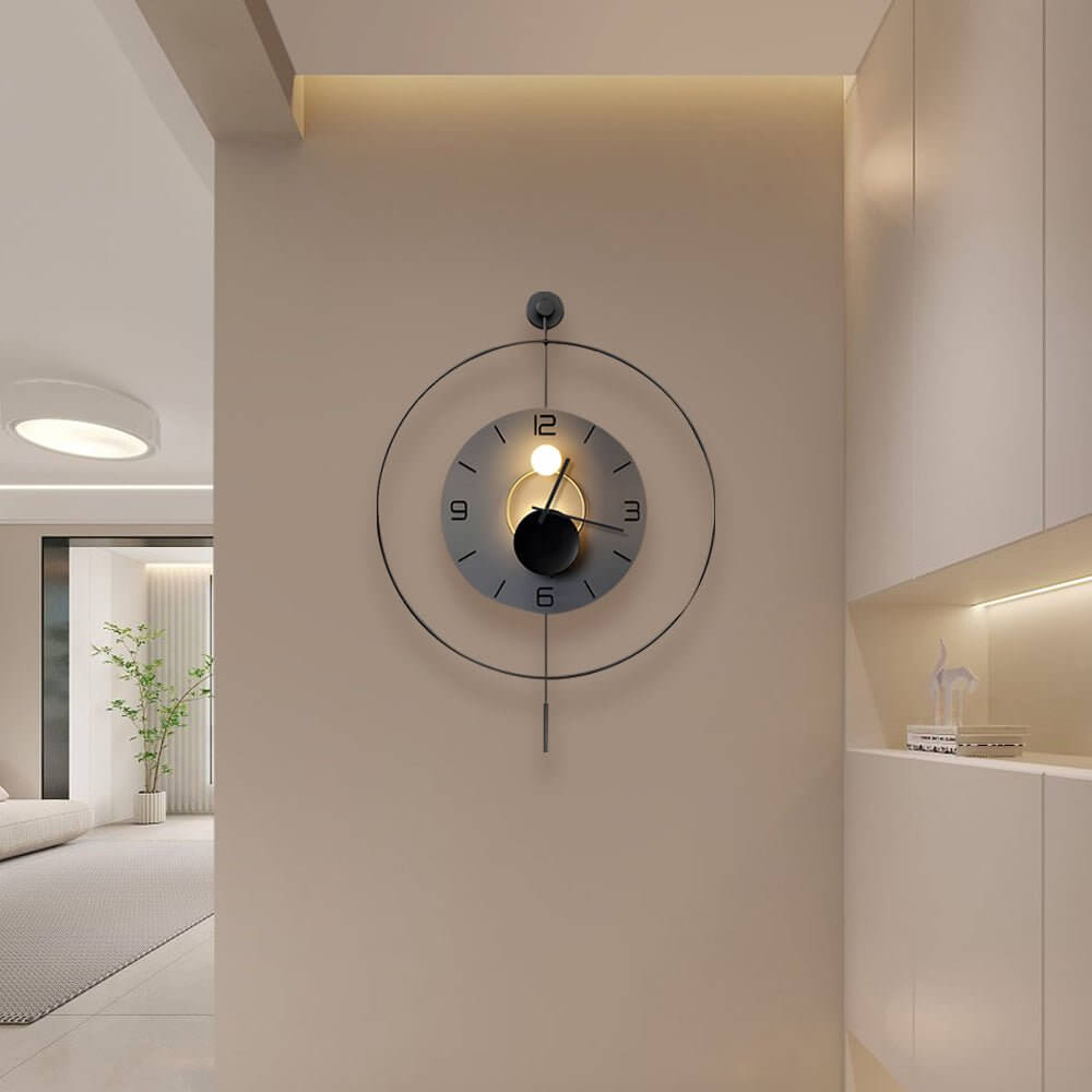 Alure LED wall clock casting soft ambient backlight in a cozy modern living room