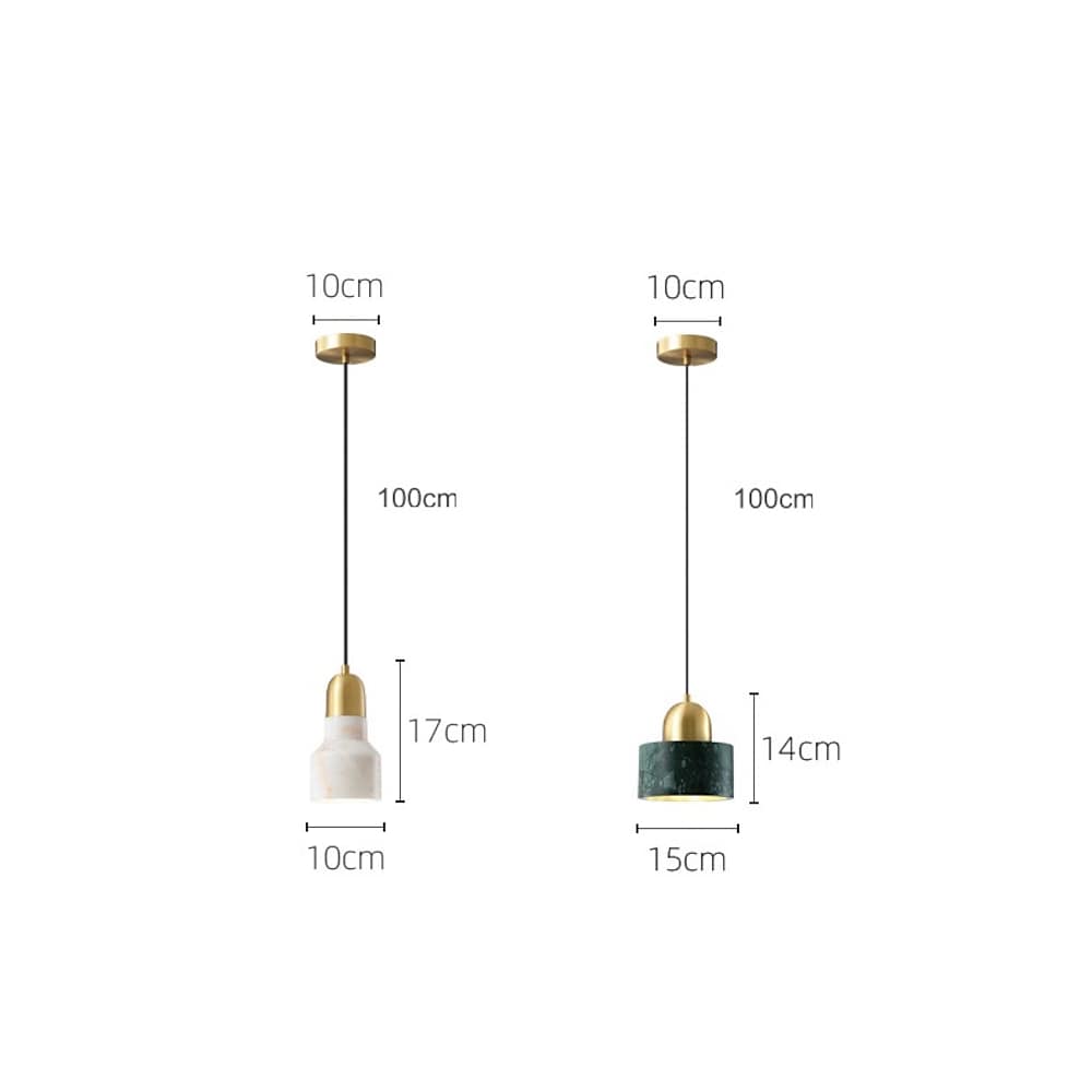 Aureon pendant light detail showing electroplated metal body and marble shade junction