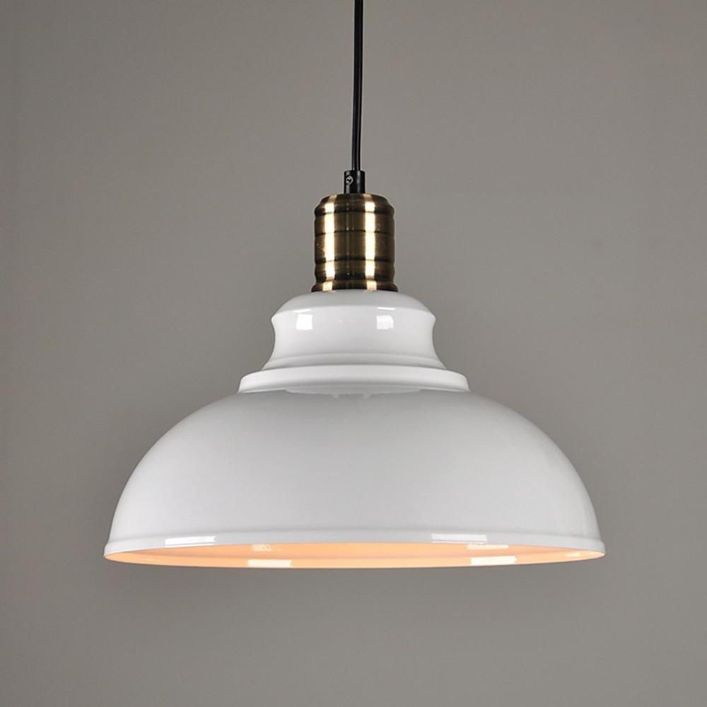 Aureon metal dome pendant light in white, showing adjustable cord suspension detail
