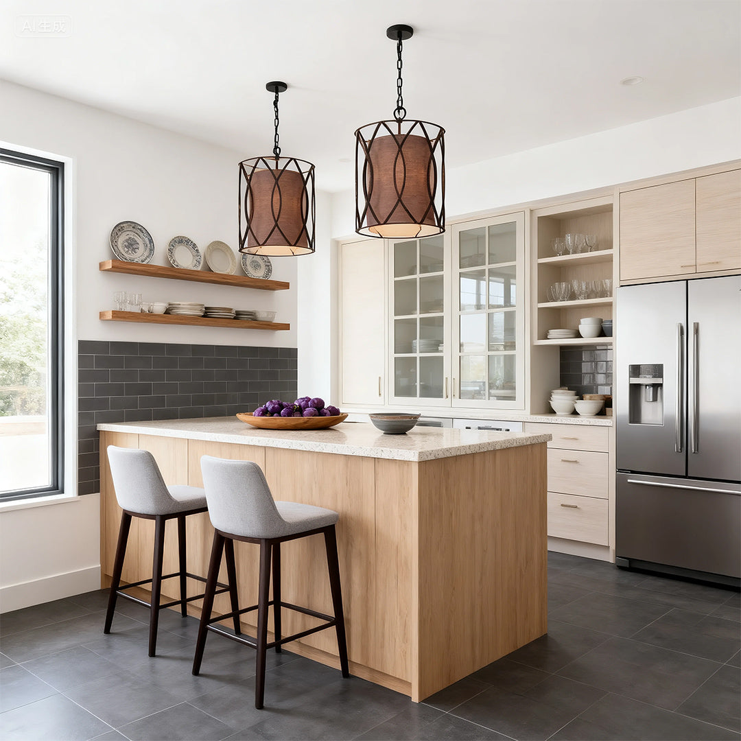 Pair of Aureon black metal and linen pendant lights hanging above a wooden kitchen island