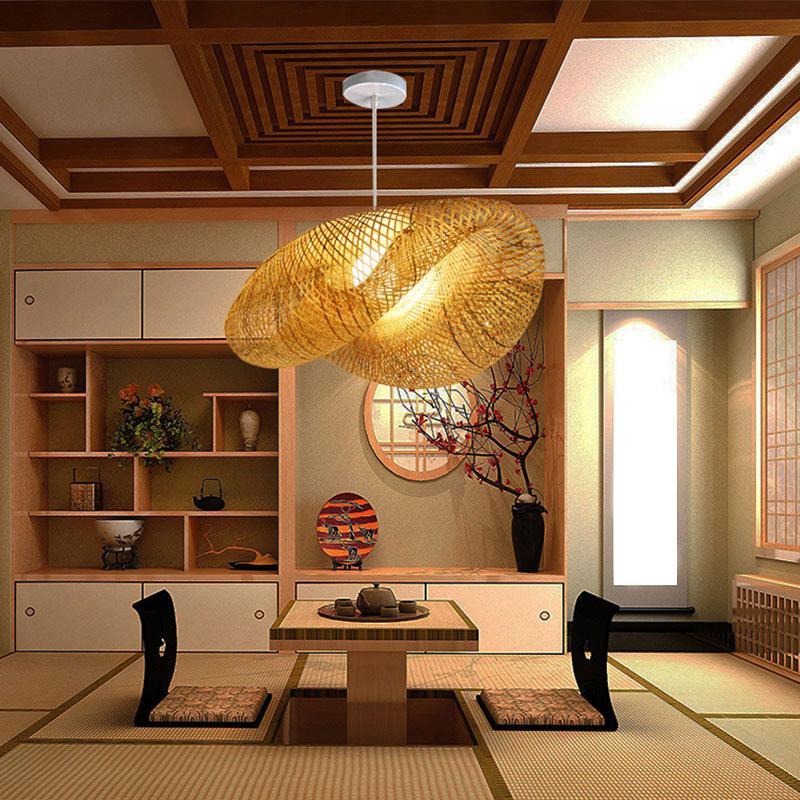 Woven bamboo arch pendant light in a Japanese-inspired interior