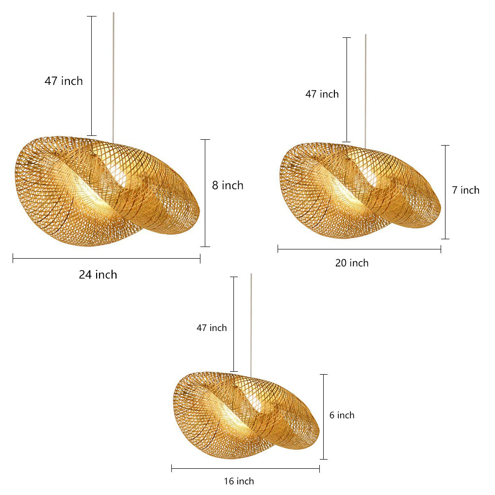 Size comparison diagram for the Aureon rattan wave pendant light across five variants