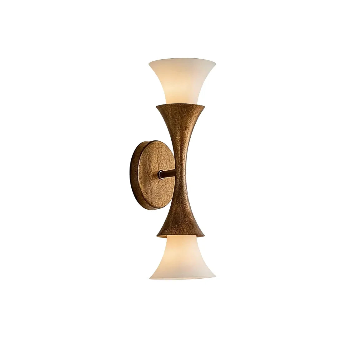 Niva double-head antique brass wall sconce with two white trumpet glass shades