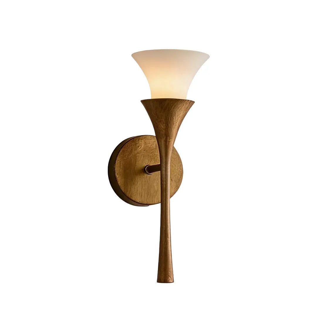Niva single-head antique brass wall sconce with white trumpet glass shade