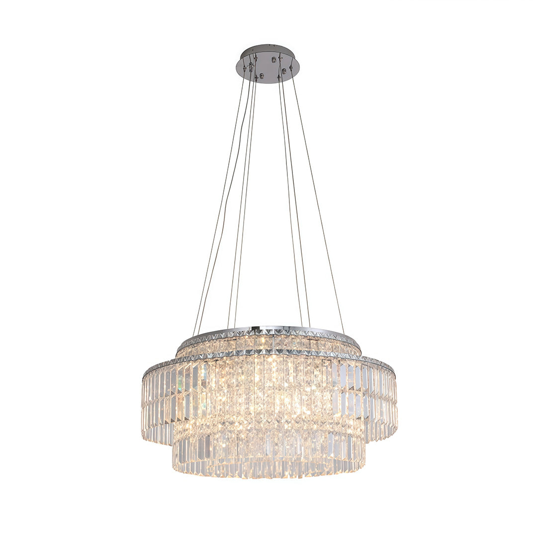 Auréline crystal cascade chandelier with circular tiered crystal strands, silver stainless steel frame