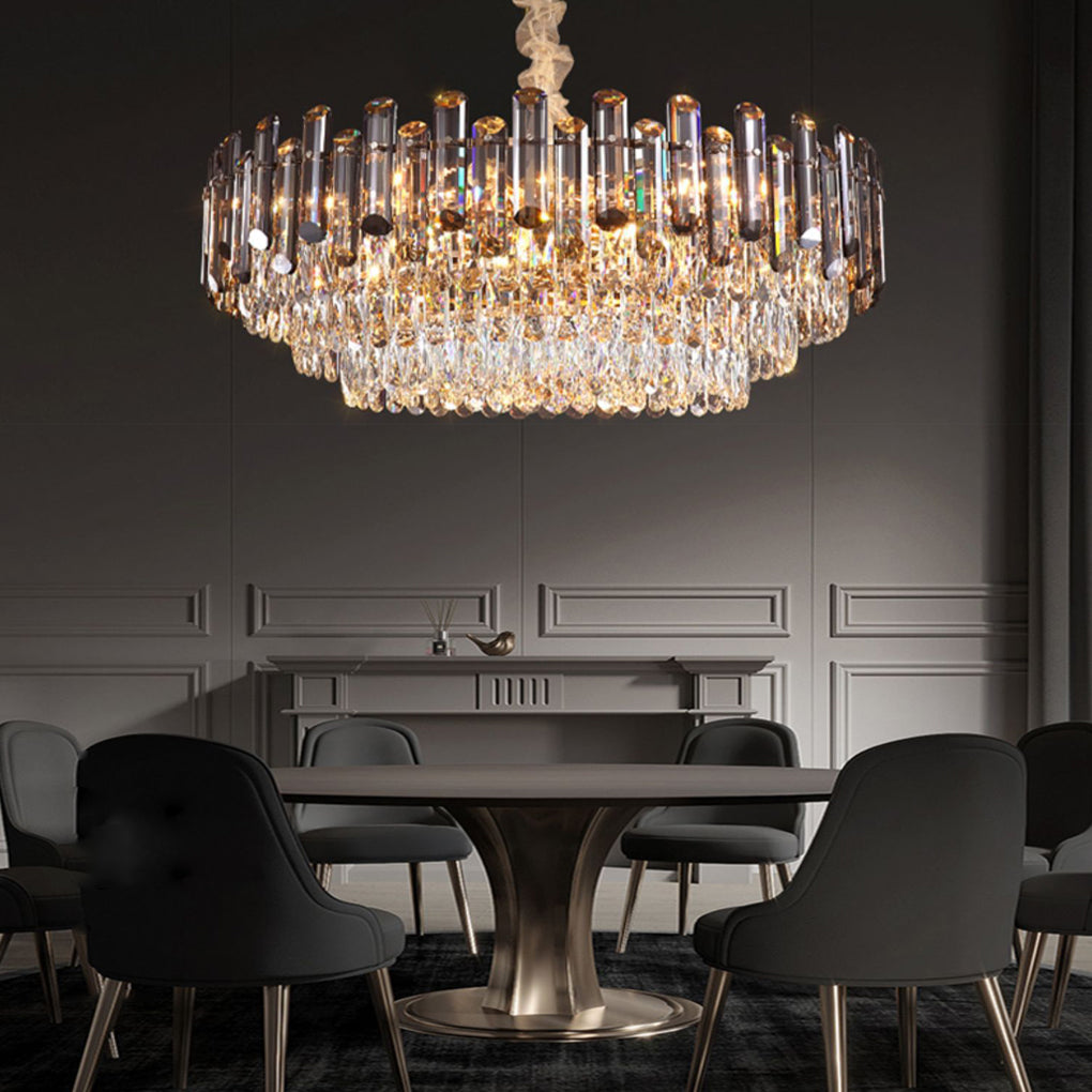 Auréline crystal drum chandelier casting ambient light in a modern living room interior