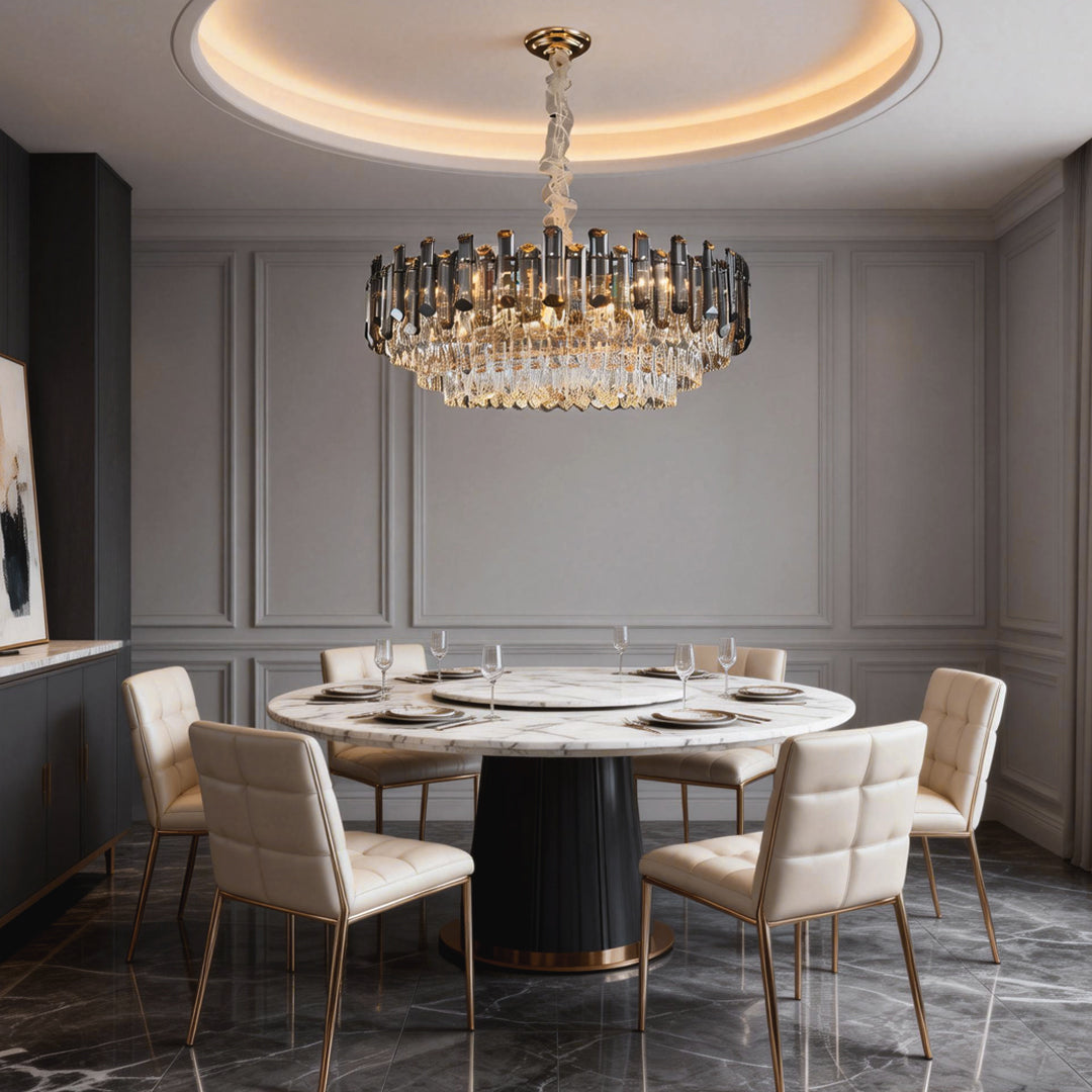 Auréline round drum crystal chandelier above a round dining table in a contemporary dining room