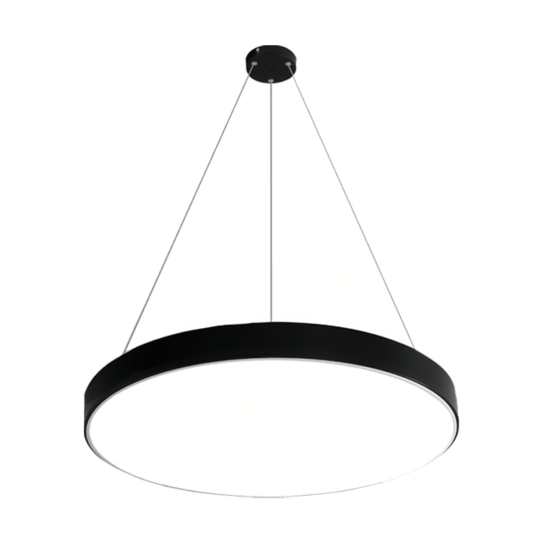 Aureon black ring pendant light fixture detail, iron frame and acrylic diffuser