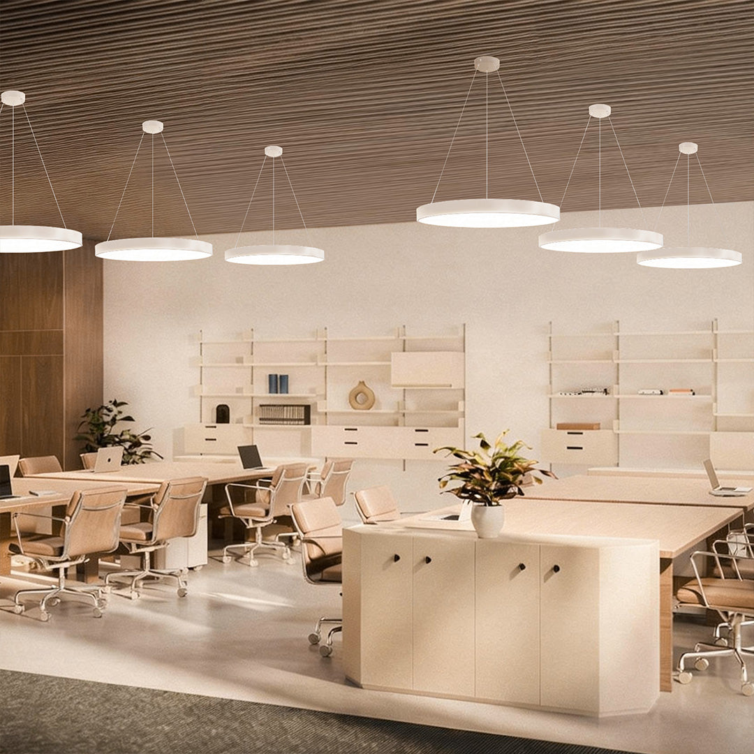 Aureon modern ring pendant lights in an open-plan office workspace
