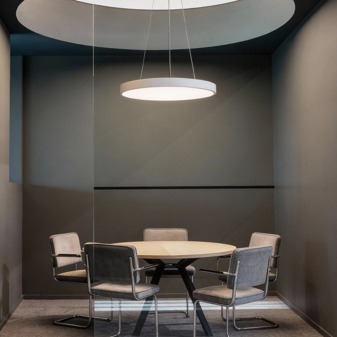 Ring LED pendant light in a private meeting room, white finish