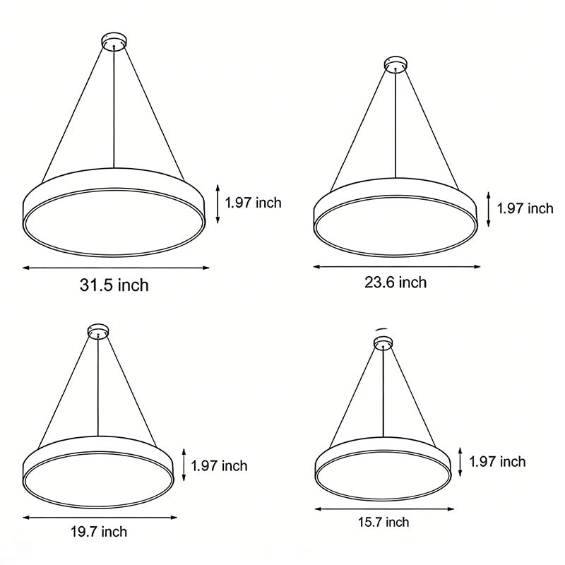 Size dimension chart for Aureon round pendant light, four diameter options