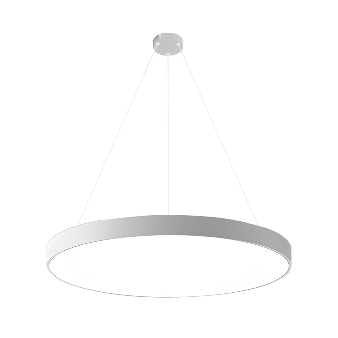 Aureon white ring pendant light fixture detail, circular iron frame