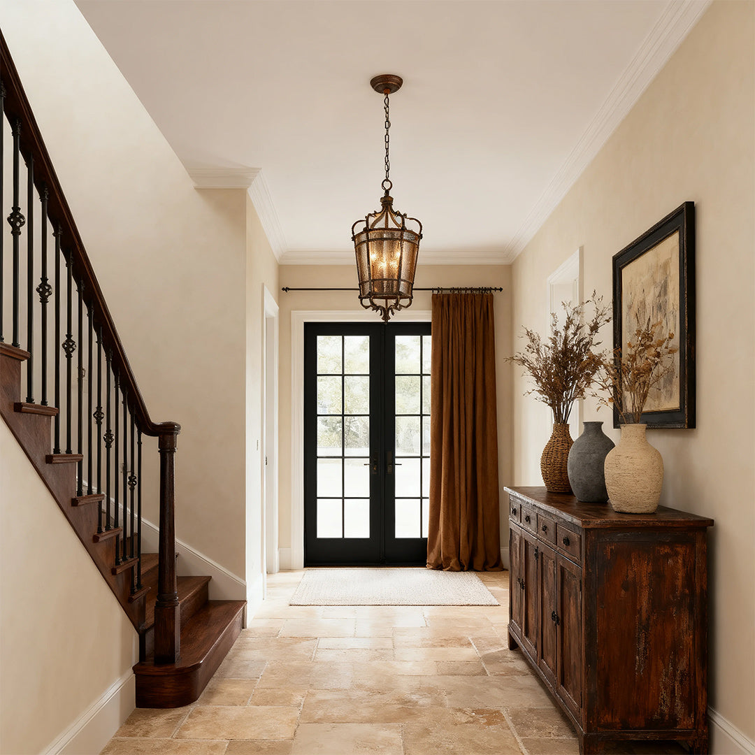 Antique bronze iron lantern ceiling light in a rustic entryway with sweeping staircase and tiled floor