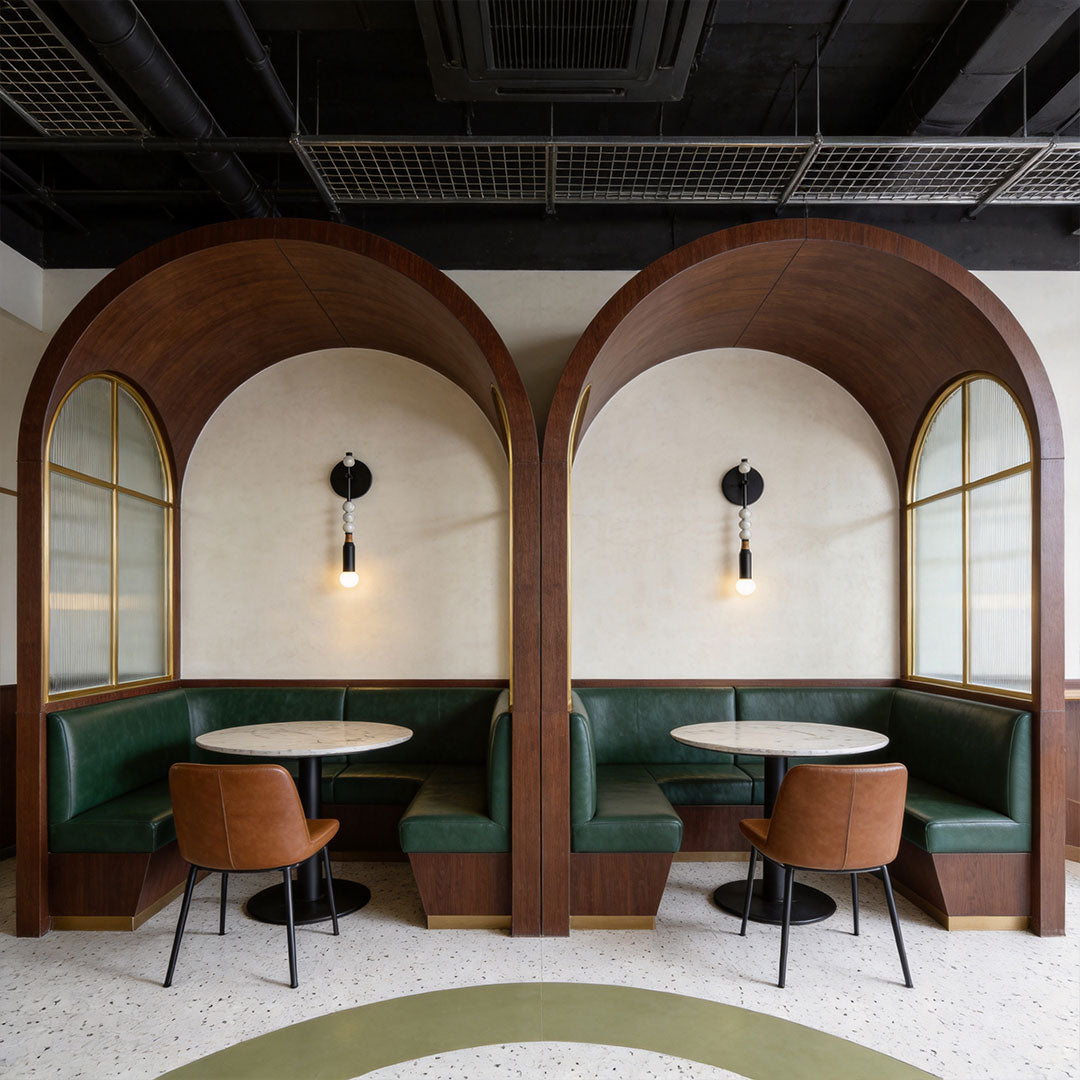 Alure wall lights in a restaurant or hotel corridor interior, arched architectural setting