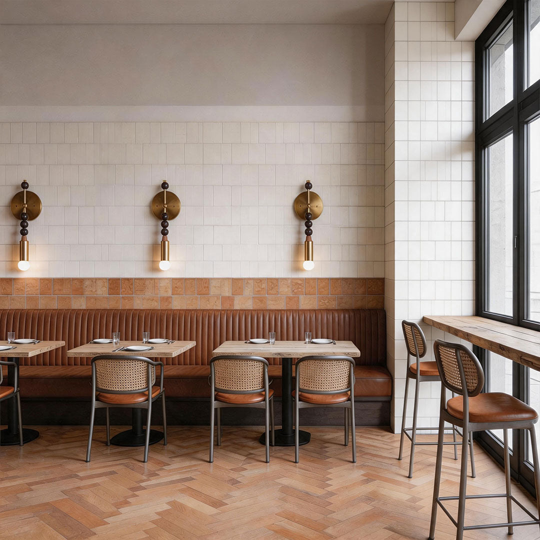 Alure modern globe wall light in a restaurant interior, warm ambient illumination on a feature wall