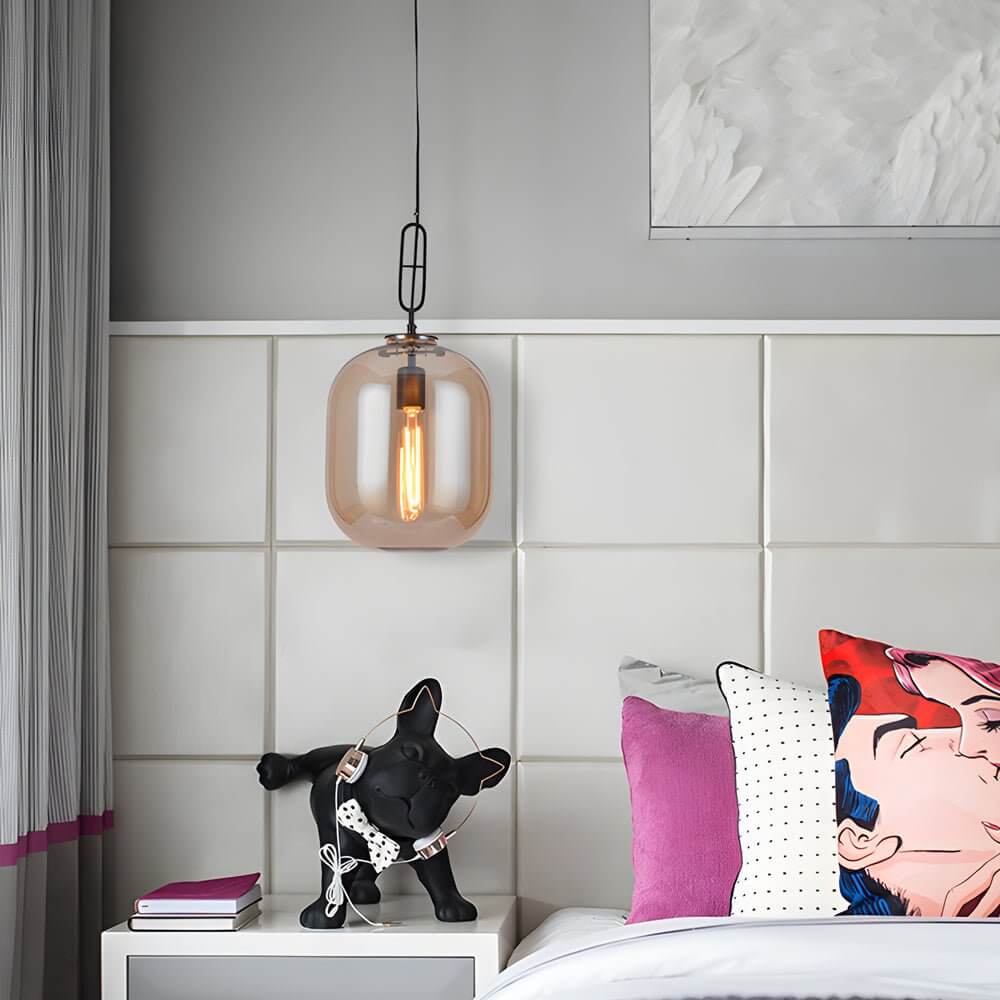 Close-up of Aureon geometric glass cylinder pendant light with iron bracket