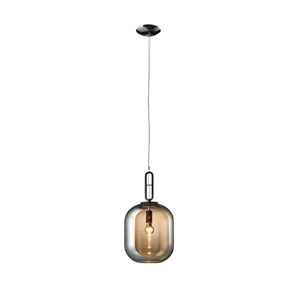 Aureon modern glass pendant light with iron hardware detail, smoke gray