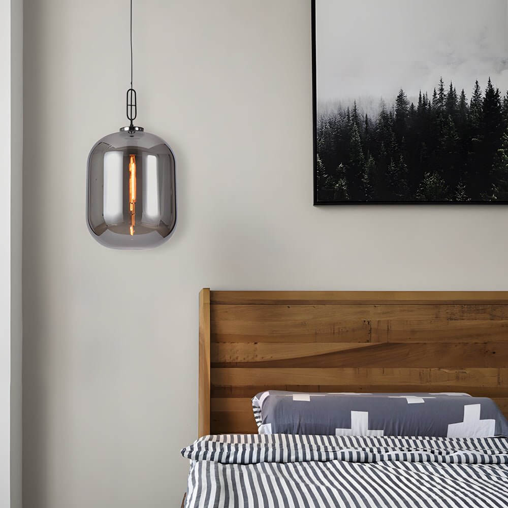 Aureon amber glass pendant light in an industrial minimalist living room