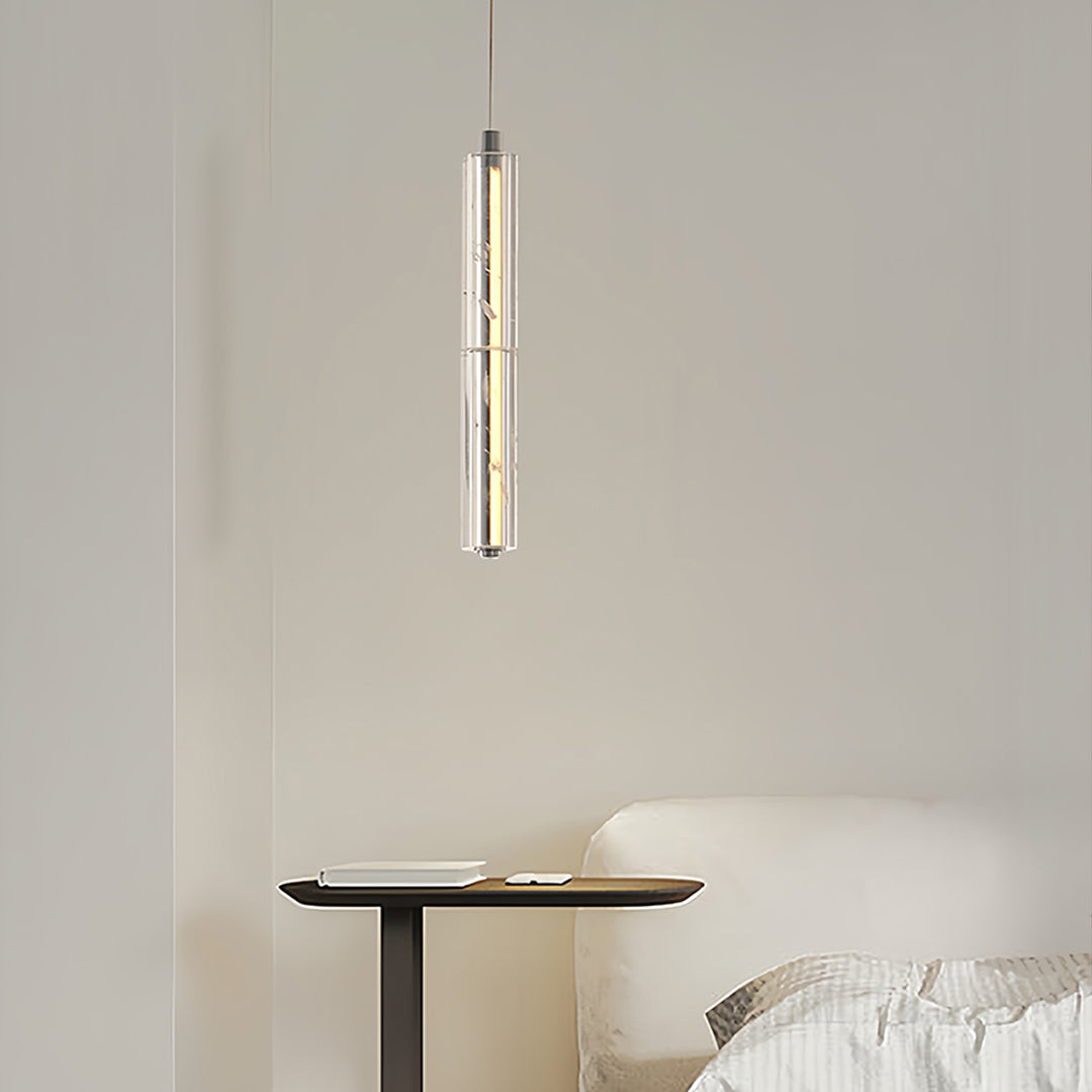 Aureon crystal column pendant light in chrome, cylindrical design in a modern living room