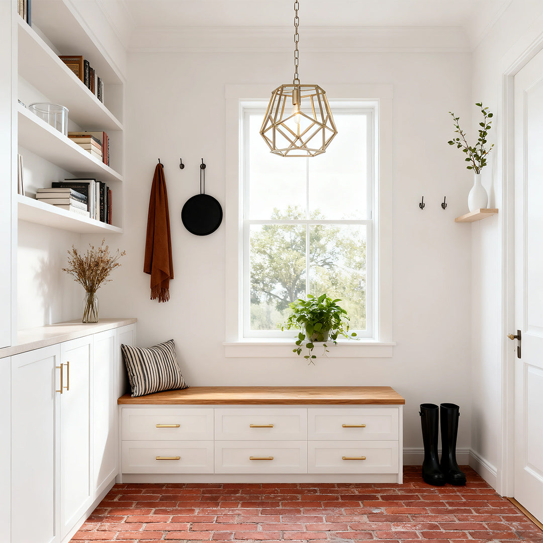 Gold hanging pendant light accent in a small mudroom entry with built-in storage bench