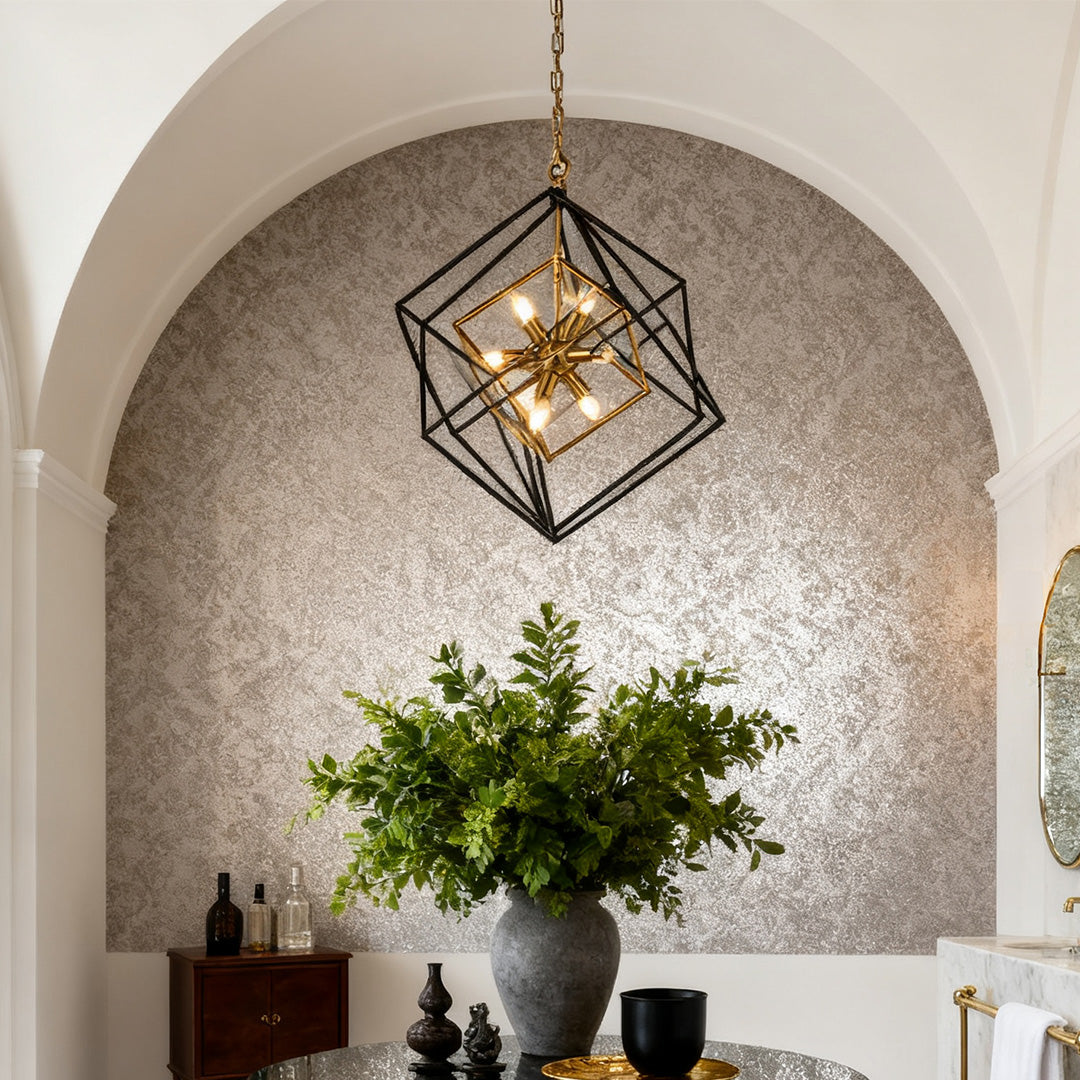 Aureon square industrial pendant light in a textured wall entryway