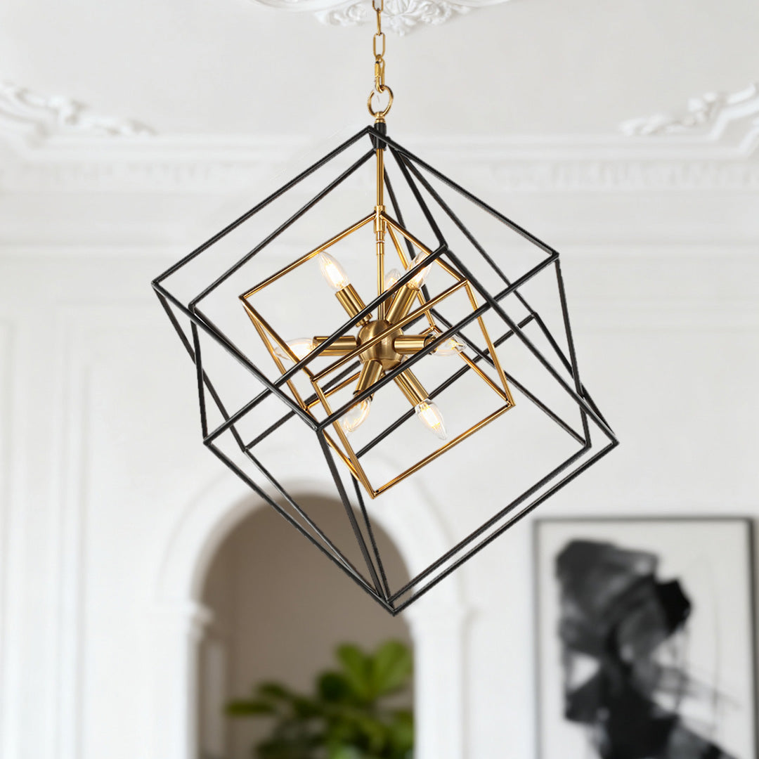 Row of Aureon square pendant lights in an arch entryway, black and gold iron frame