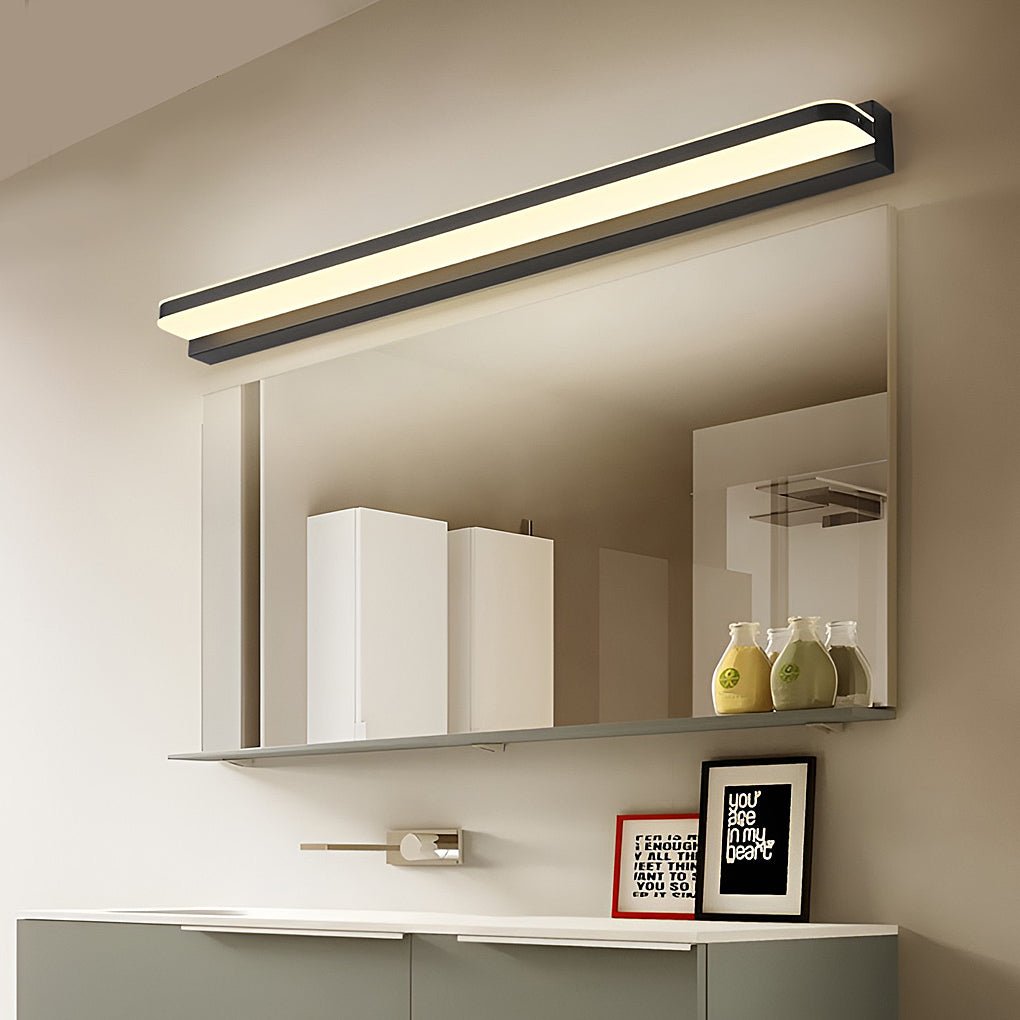Modern LED vanity bar light with iron frame in a contemporary bathroom interior