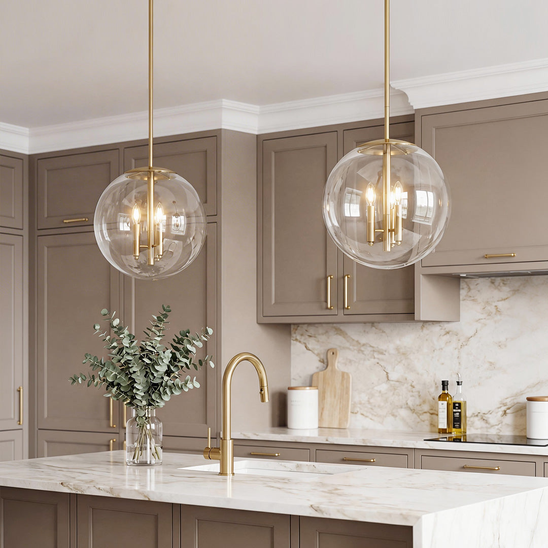 Aureon clear globe pendant light with gold candelabra frame, single unit product shot