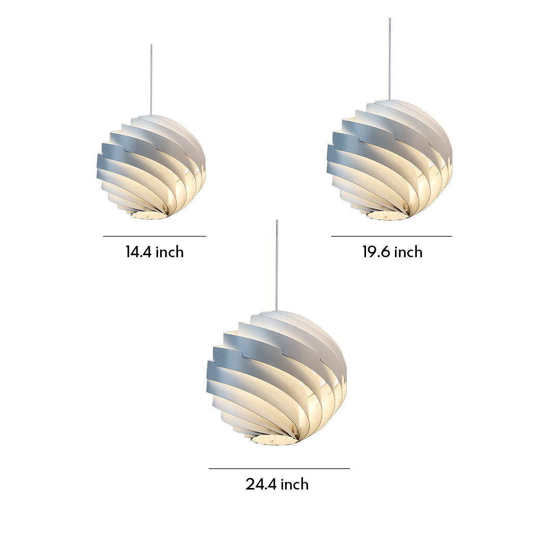 Aureon swirl pendant light dimension diagram showing diameter and hanging chain measurements