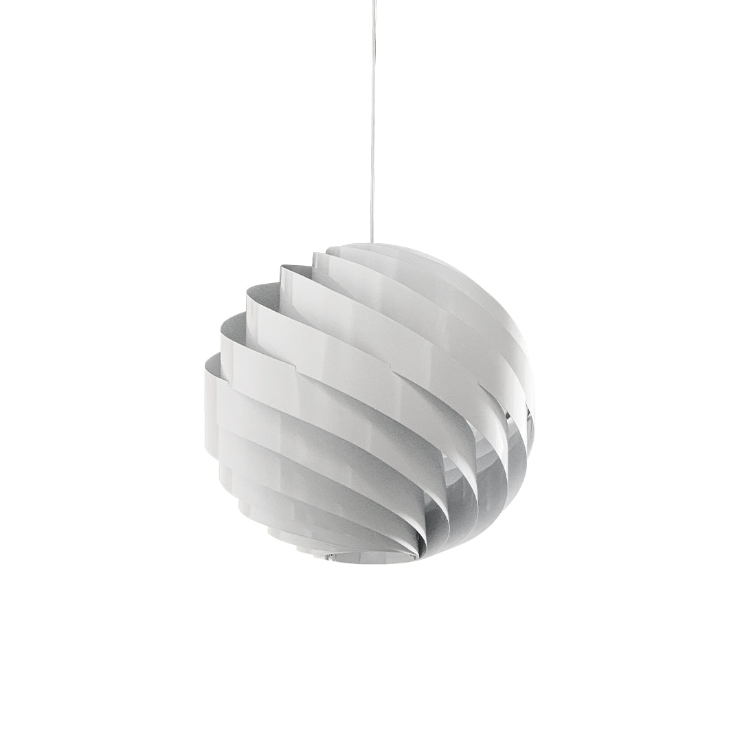 Aureon spiral LED pendant light above a dining room table, elegant swirl ceiling light