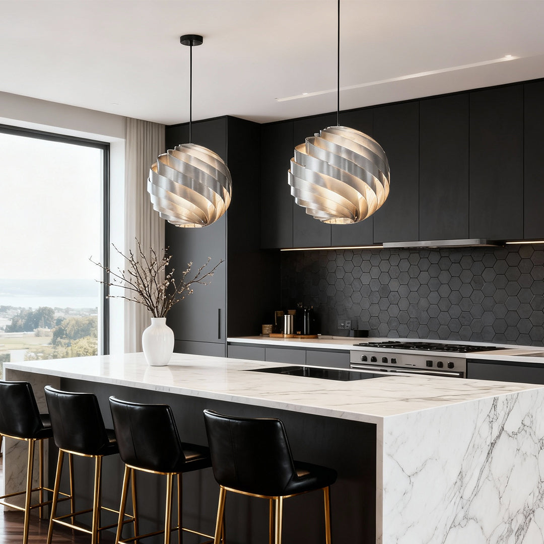 Aureon swirl pendant light above a kitchen island, aluminium spiral ceiling light