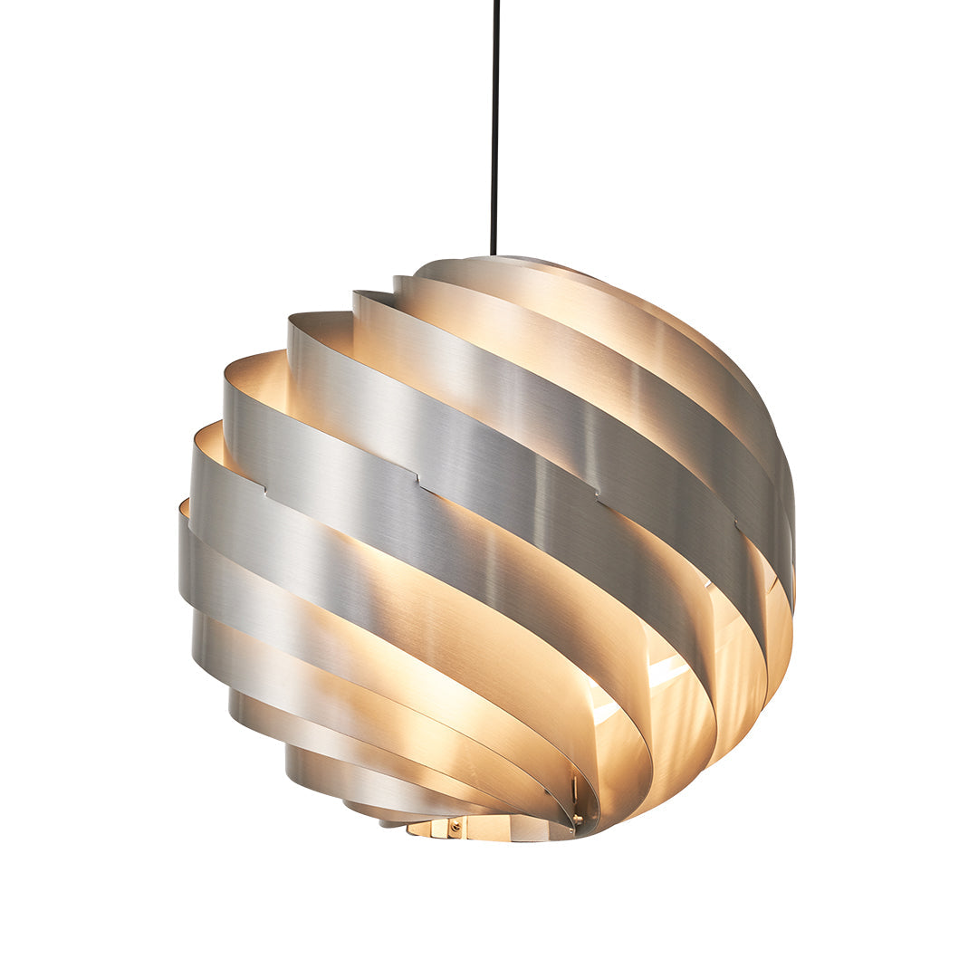 Aureon modern swirl pendant light with twisted aluminium body, contemporary ceiling light