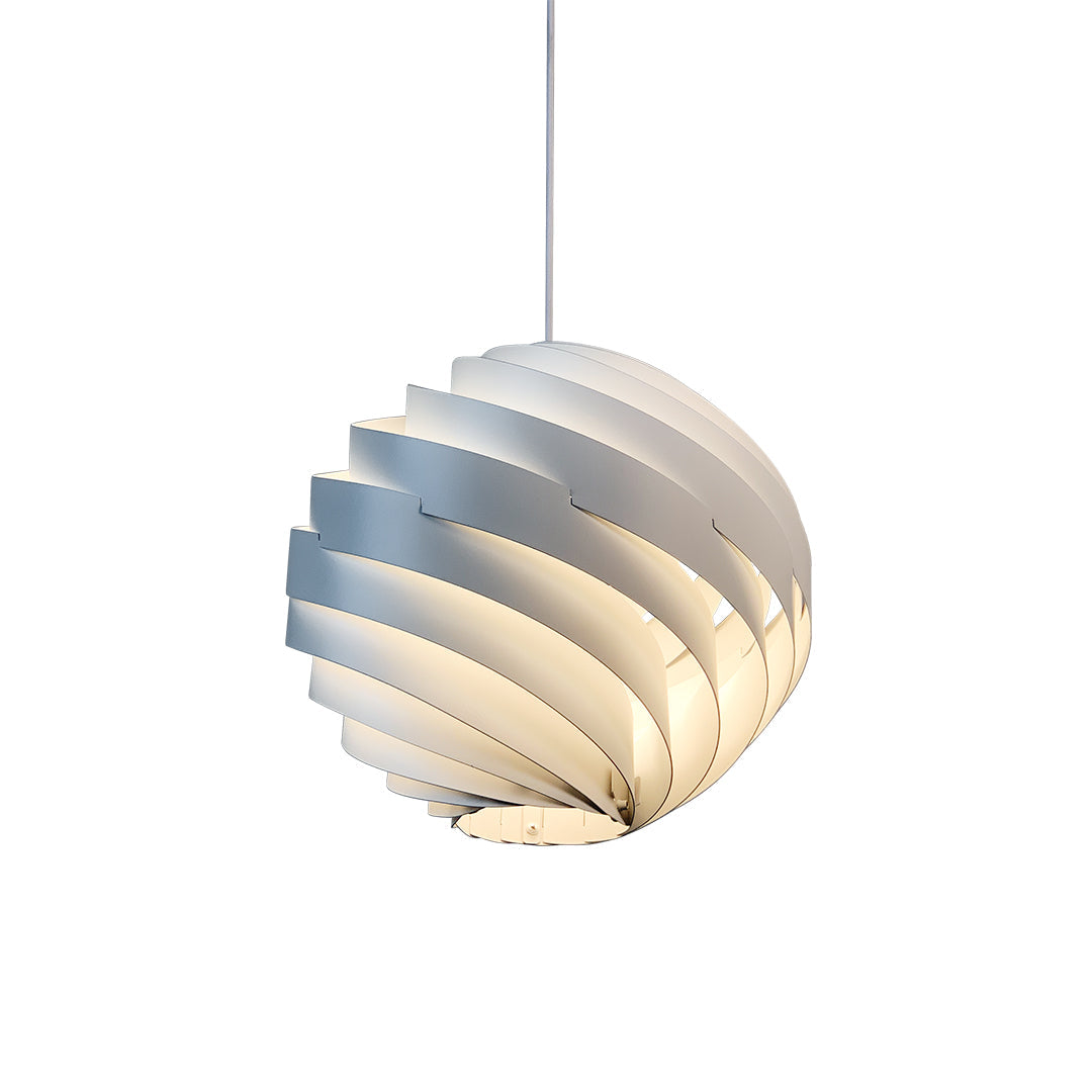 Aureon swirl pendant light in white above a modern living room, spiral aluminium ceiling light