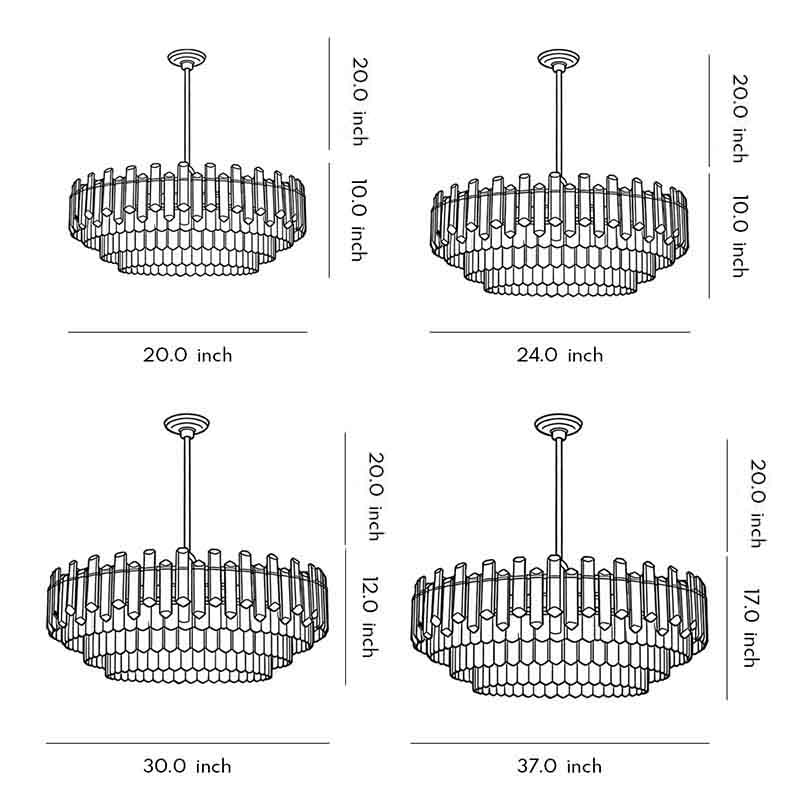 Technical size chart for Auréline round drum crystal chandelier showing all round variant dimensions