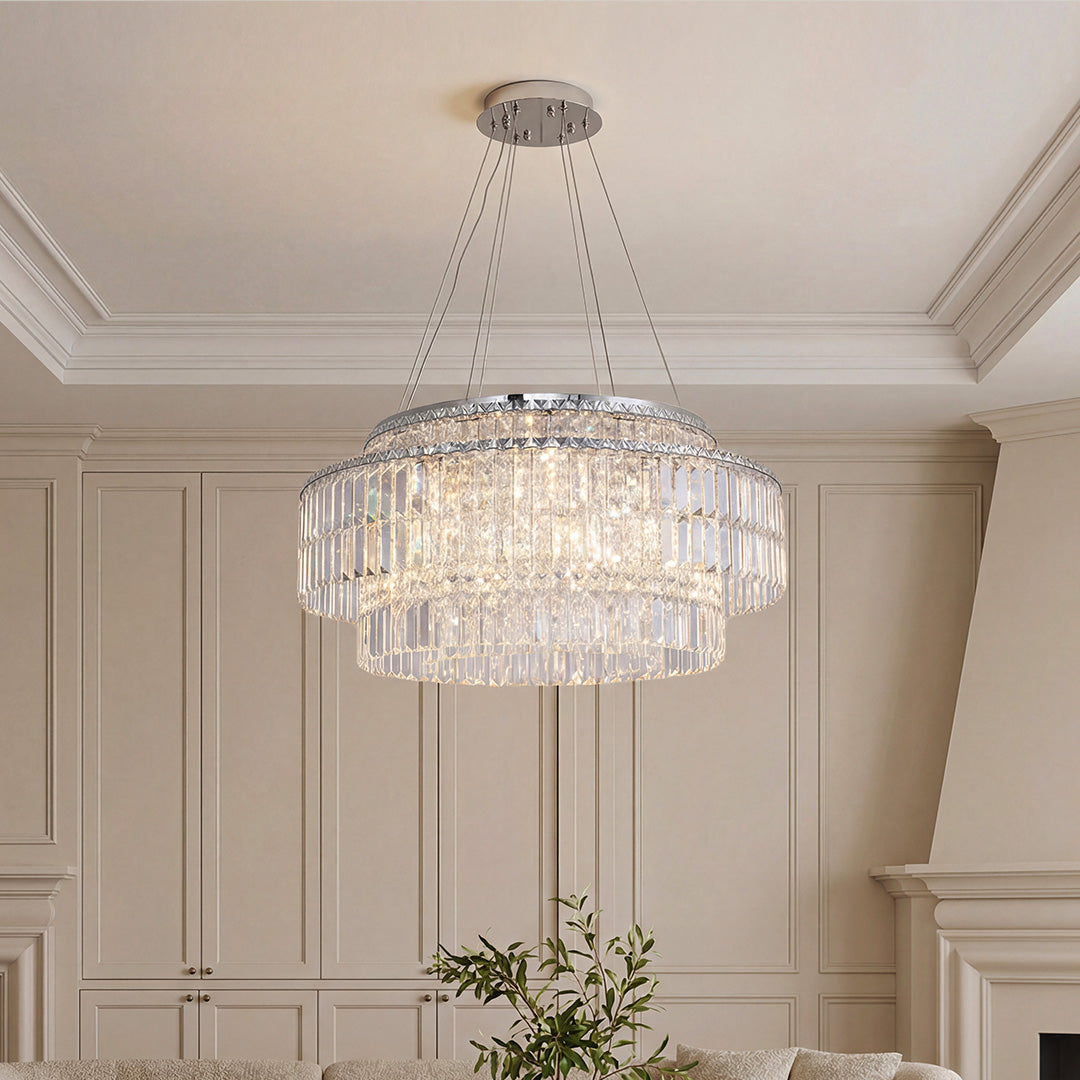 Tiered chrome and crystal chandelier with cascading round crystal drops, silver finish ceiling light