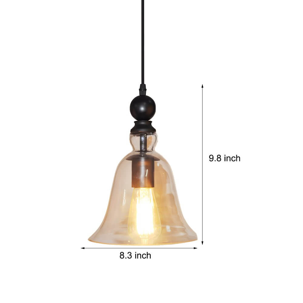 Black iron ceiling pendant light with glass shade in a contemporary hallway