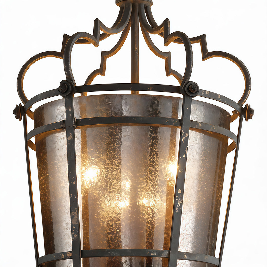Vintage iron lantern pendant light with bronze frame and frosted glass panels