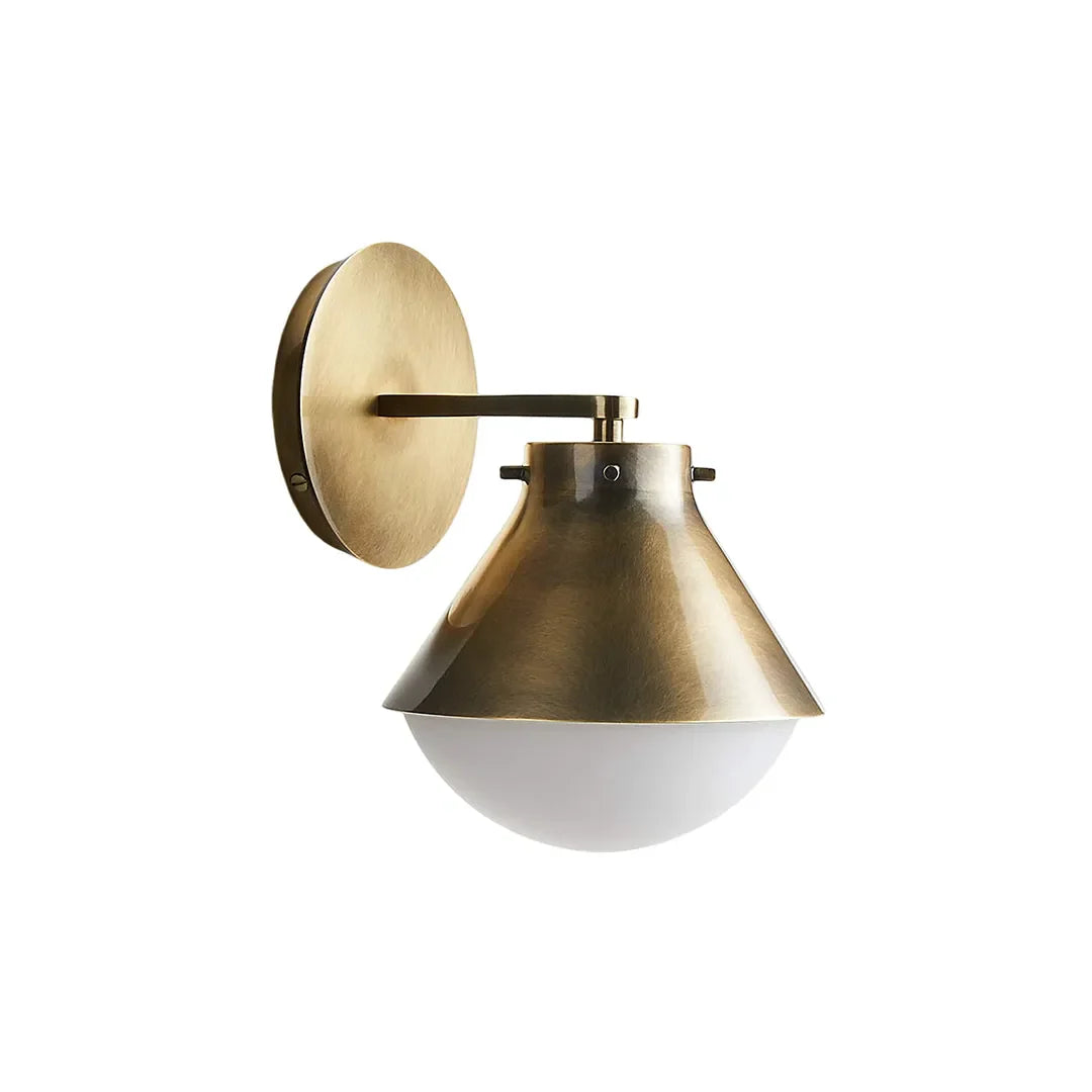 Niva metal wall sconce in antique brass finish with white glass diffuser, product shot