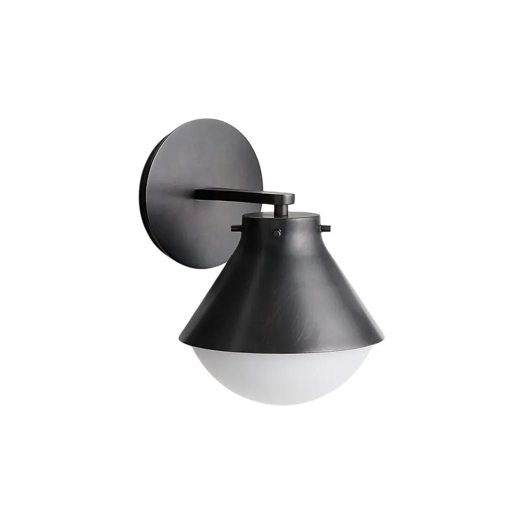 Niva metal wall sconce in gunmetal gray with white glass shade, product shot on white background