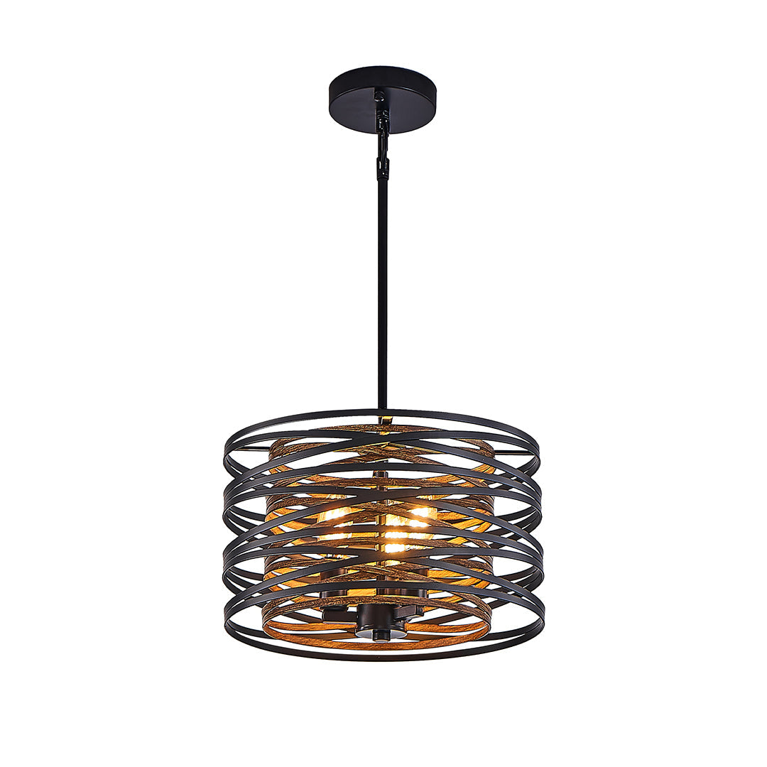 Aureon black iron drum pendant light showing walnut wood-textured slat interior detail