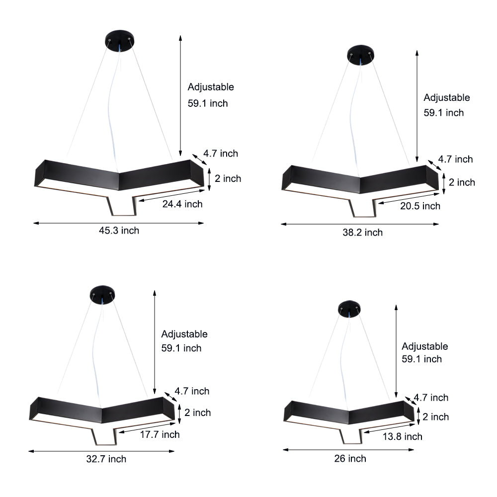 Size and dimension diagram for the Aureon Y-shaped linear pendant light, showing four width options