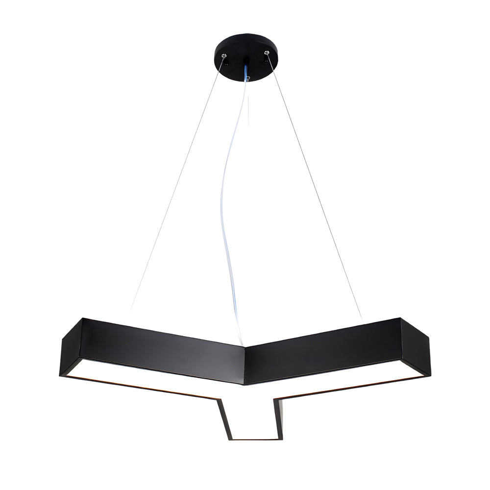 Y-shaped linear pendant light in black finish, suspended from ceiling cables
