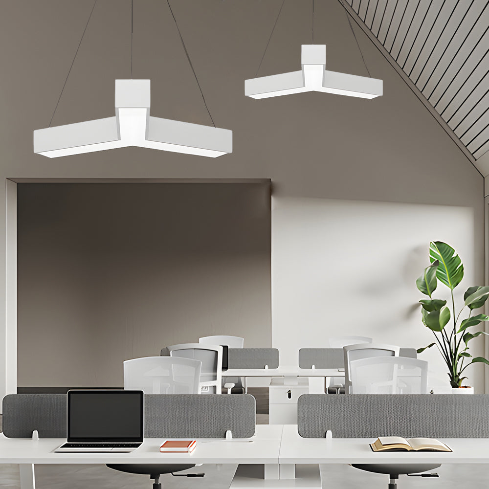 Aureon Y-shaped linear pendant light hanging in a contemporary office workspace
