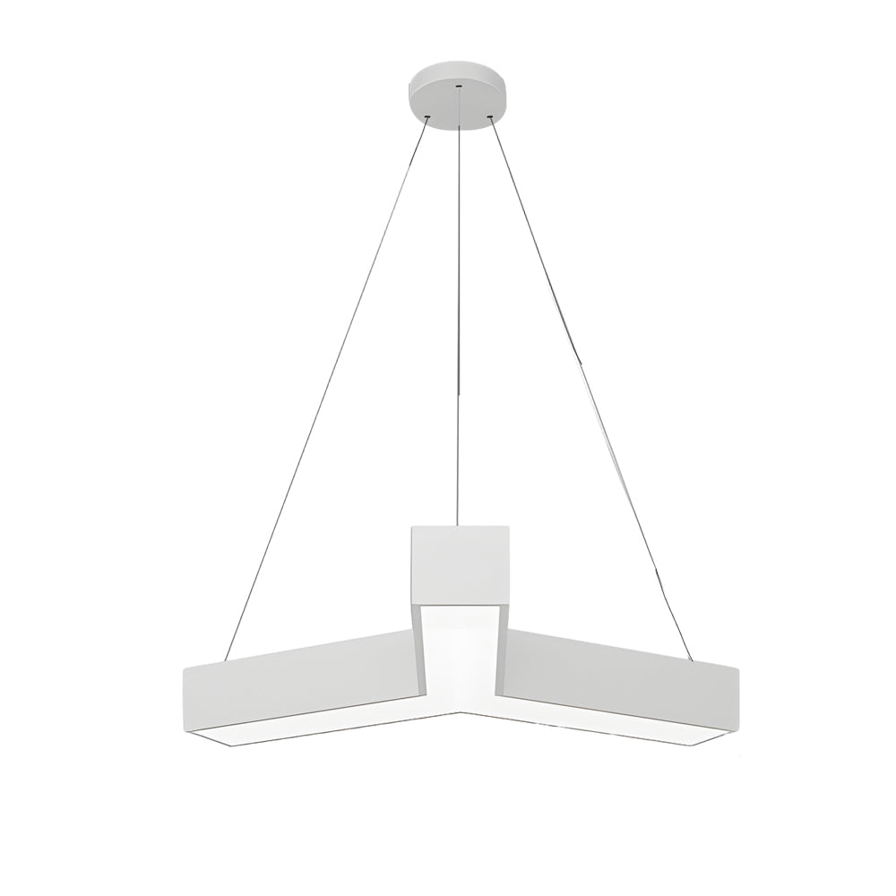 Y-shaped modular linear pendant light in white finish for commercial and office interiors
