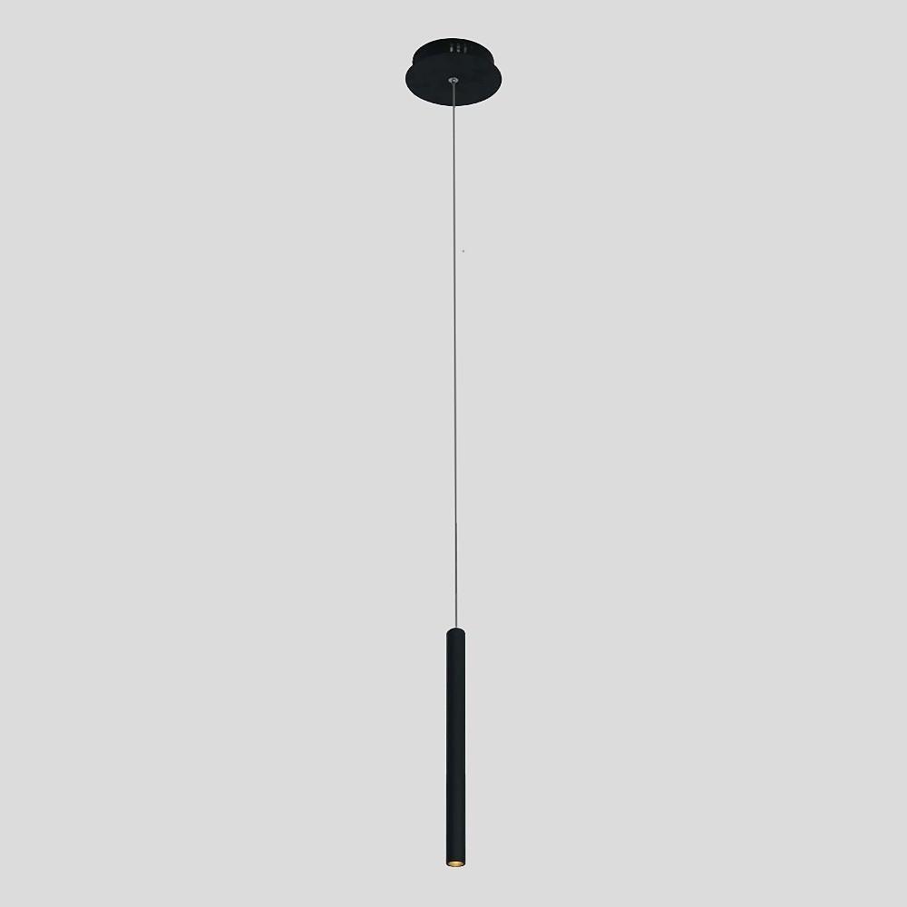 Two Aureon black cylinder pendant lights in a row above a kitchen island in a modern interior